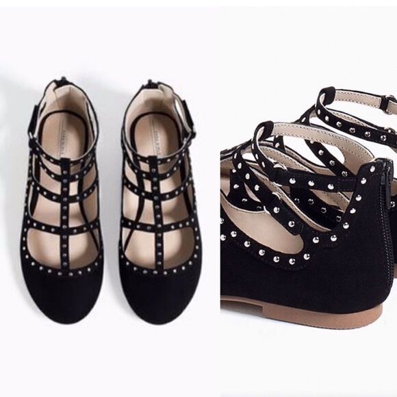 Zara Other - Zara Girls kids Black Cage Silver Stud faux suede Flats shoes -28/US 5
